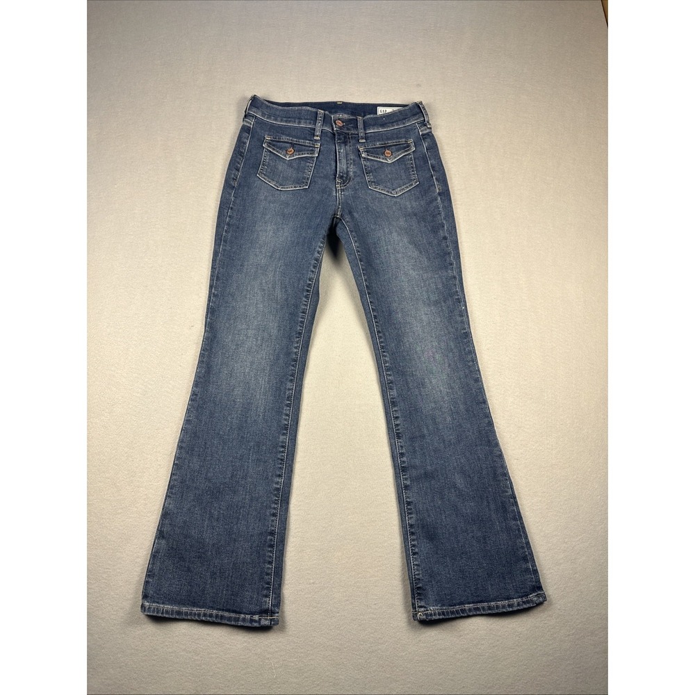 Gap Baby Boot Cut Jeans Women 6P Blue‎ Mid Rise Patch Pocket Front 28 Inseam